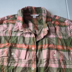 L.L. Bean Signature Button Up Shirt Womens 10 Pink Green Plaid Cotton Top